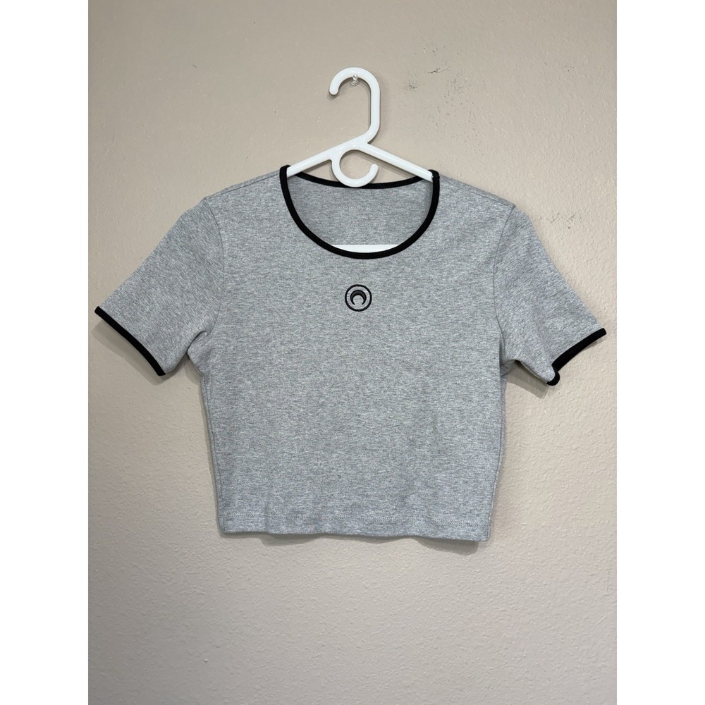 Marine Serre Womens Moon Logo Jersey Cropped Top Medium Gray Baby Tee Cotton